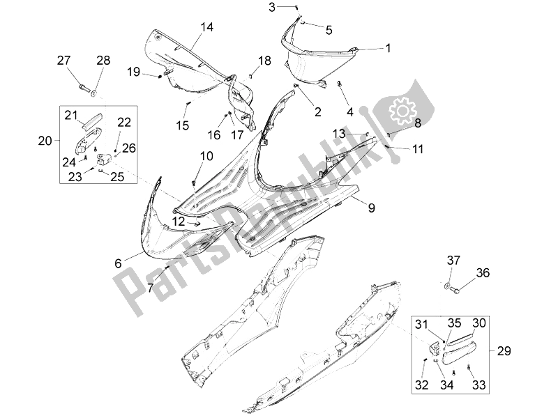 Toutes les pièces pour le Housse Centrale - Repose-pieds du Piaggio FLY 125 4T 3V IE E3 DT 2014