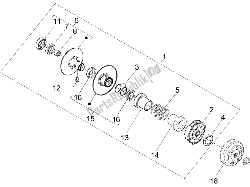 All parts for the Driven Pulley of the Piaggio Typhoon 50 Serie Speciale 2007