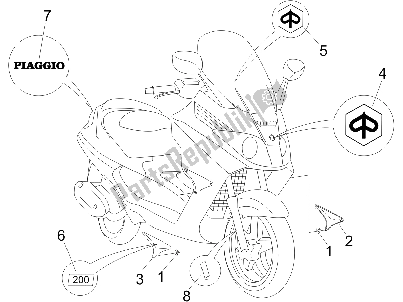 Alle onderdelen voor de Borden - Emblemen van de Piaggio X8 200 2005