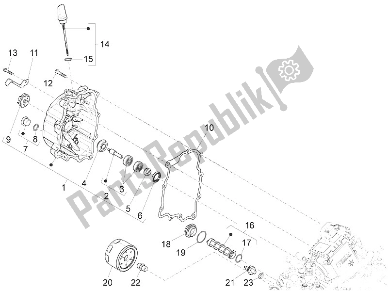 Toutes les pièces pour le Couvercle Magnéto Volant - Filtre à Huile du Piaggio MP3 300 IE LT Touring 2011