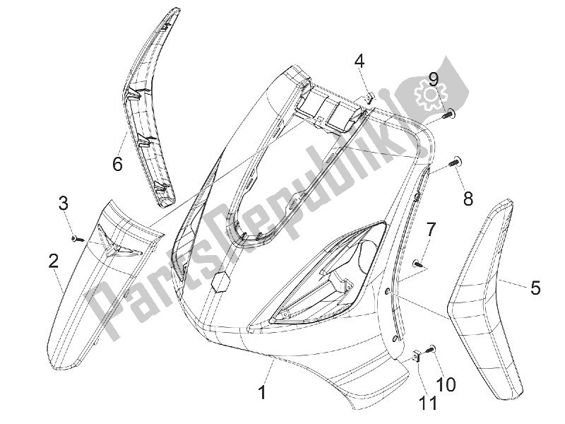 All parts for the Front Shield of the Piaggio FLY 50 4T 4V USA 2011