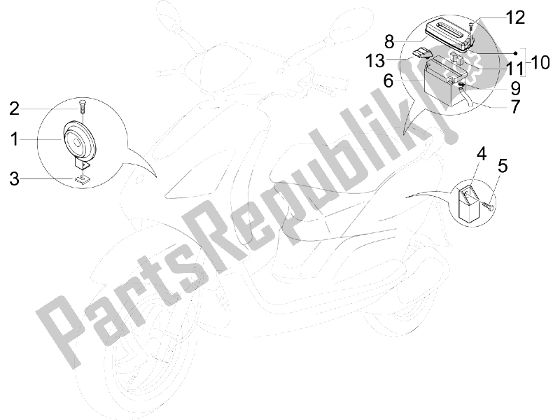 Todas las partes para Interruptores De Control Remoto - Batería - Bocina de Piaggio FLY 50 2T 2010