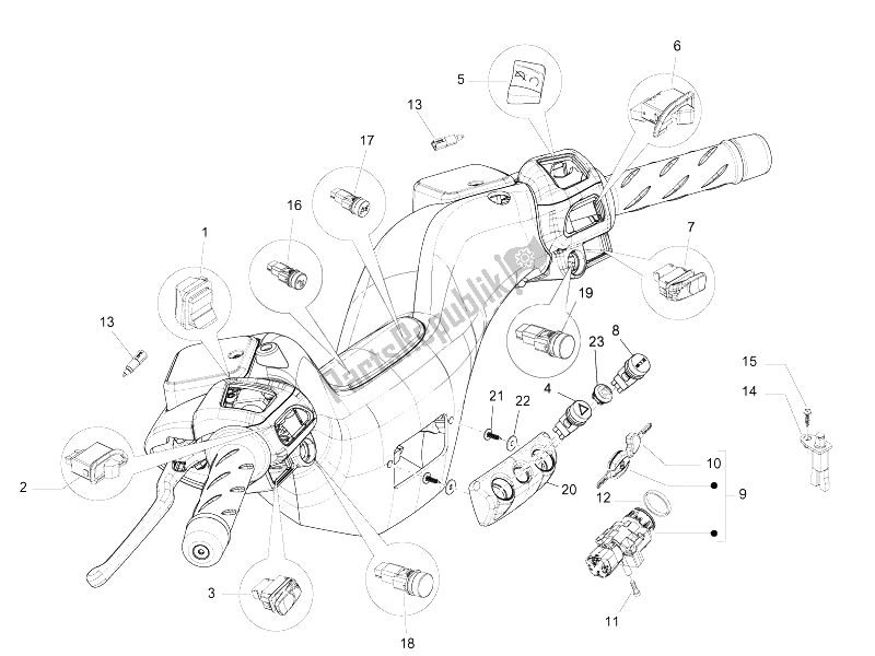 Tutte le parti per il Selettori - Interruttori - Pulsanti del Piaggio MP3 300 4T 4V IE ERL Ibrido 2010