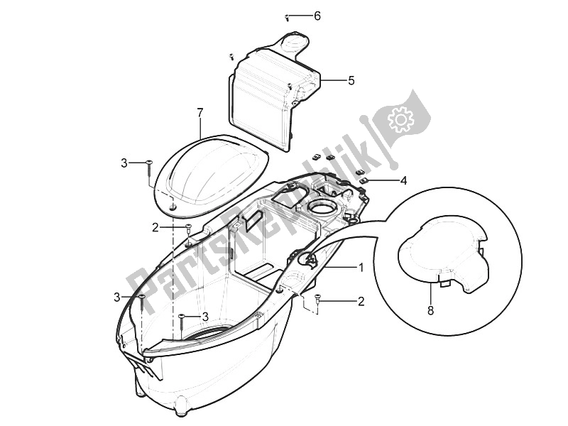 Toutes les pièces pour le Logement De Casque - Sous La Selle du Piaggio Typhoon 125 4T 2V E3 USA 2011