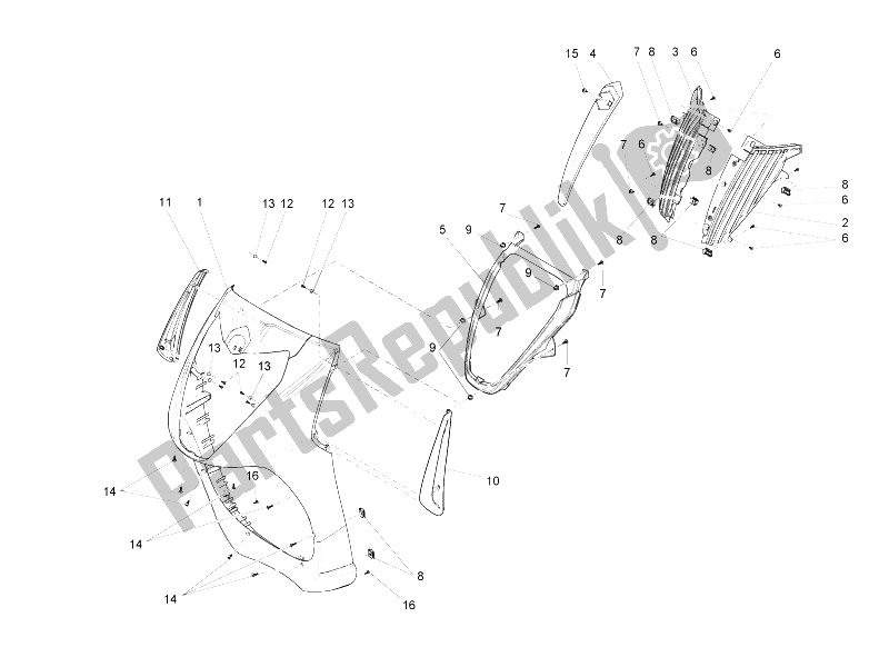 All parts for the Front Shield of the Piaggio Carnaby 300 4T IE Cruiser 2009