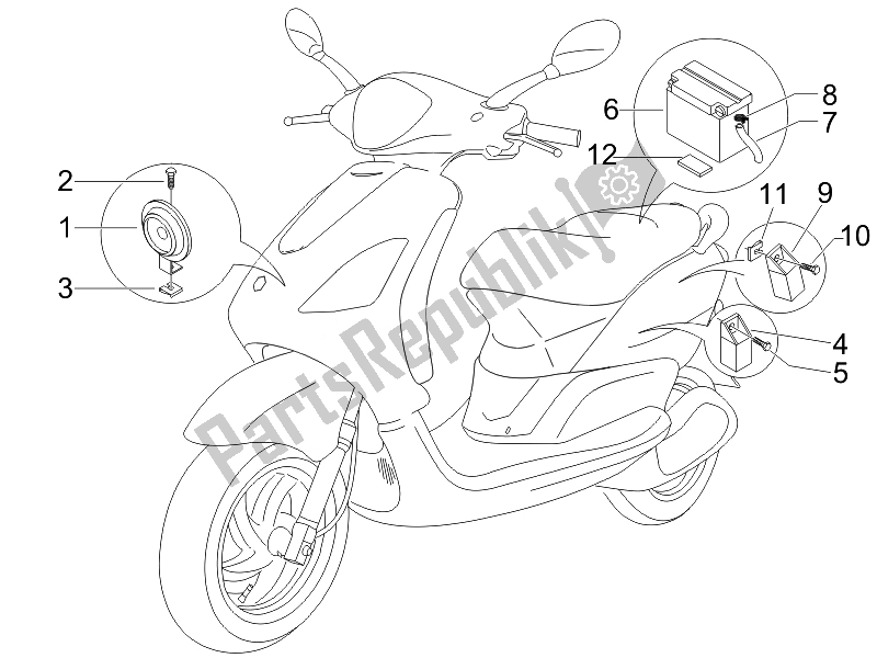 Todas las partes para Interruptores De Control Remoto - Batería - Bocina de Piaggio FLY 50 4T USA 2007