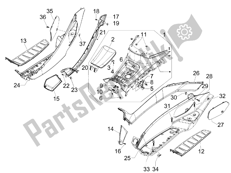 All parts for the Central Cover - Footrests of the Piaggio MP3 125 Ibrido 2009