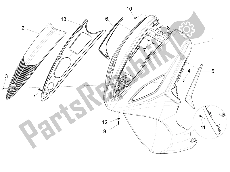 Toutes les pièces pour le Bouclier Avant du Piaggio FLY 50 4T 4V USA 1 2014