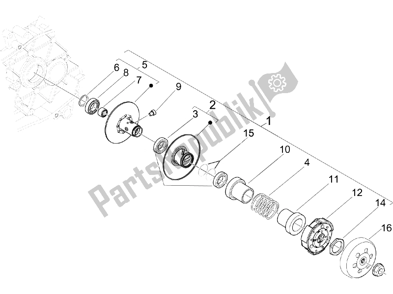 All parts for the Driven Pulley of the Piaggio FLY 50 4T 2V 2014