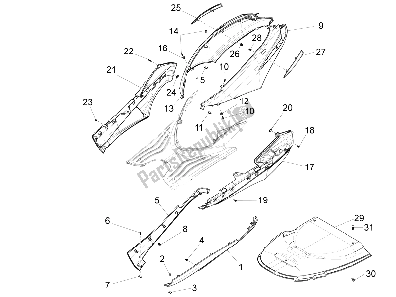 All parts for the Side Cover - Spoiler of the Piaggio FLY 150 4T 3V IE USA 2014