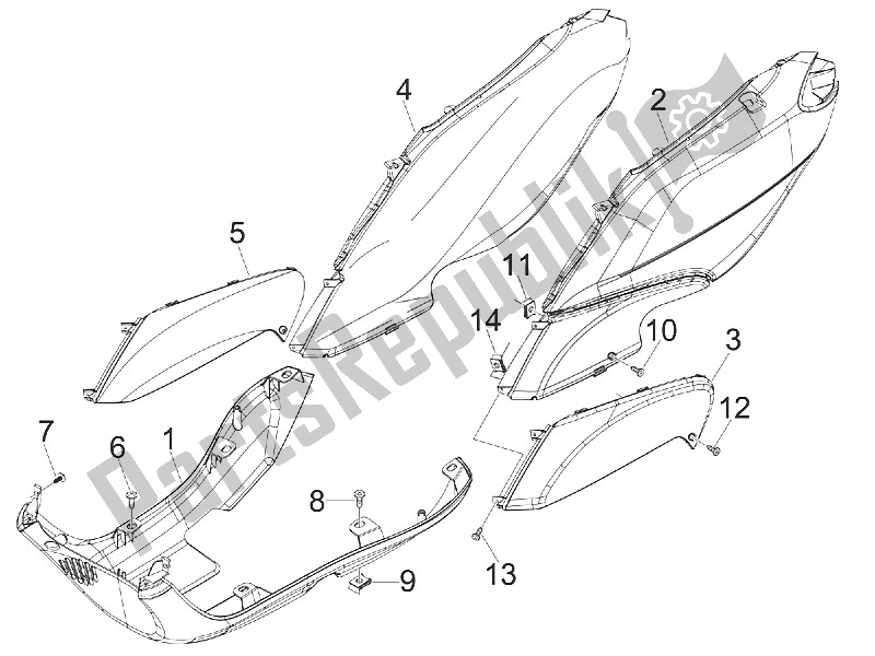 All parts for the Side Cover - Spoiler of the Piaggio FLY 50 4T 4V USA 2011