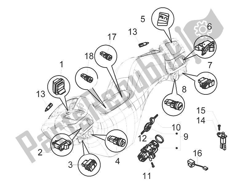 Tutte le parti per il Selettori - Interruttori - Pulsanti del Piaggio MP3 400 IE LT Touring 2011