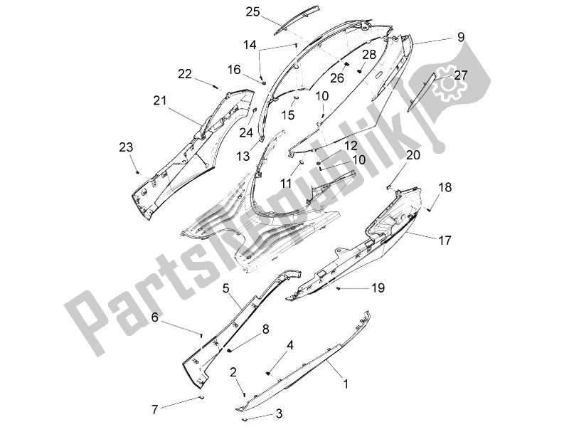 Alle onderdelen voor de Zijdeksel - Spoiler van de Piaggio FLY 125 4T 3V IE E3 DT 2014