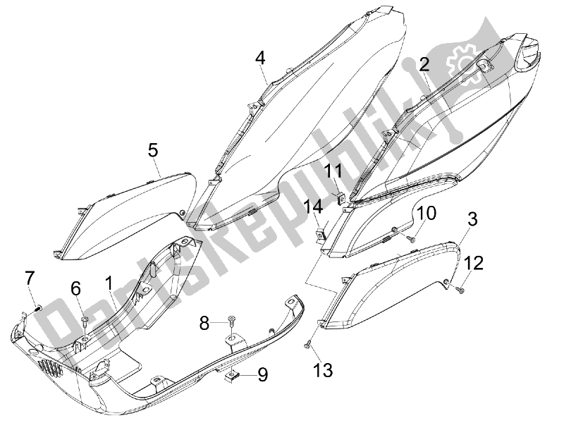 Toutes les pièces pour le Couvercle Latéral - Spoiler du Piaggio FLY 50 4T USA 2007