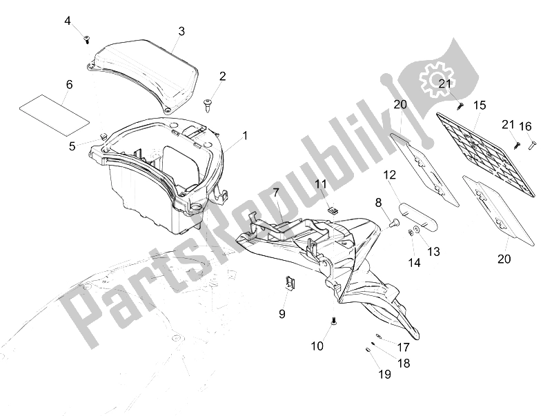 Toutes les pièces pour le Capot Arrière - Protection Contre Les éclaboussures du Piaggio Liberty 150 Iget 4T 3V IE ABS EU 2015