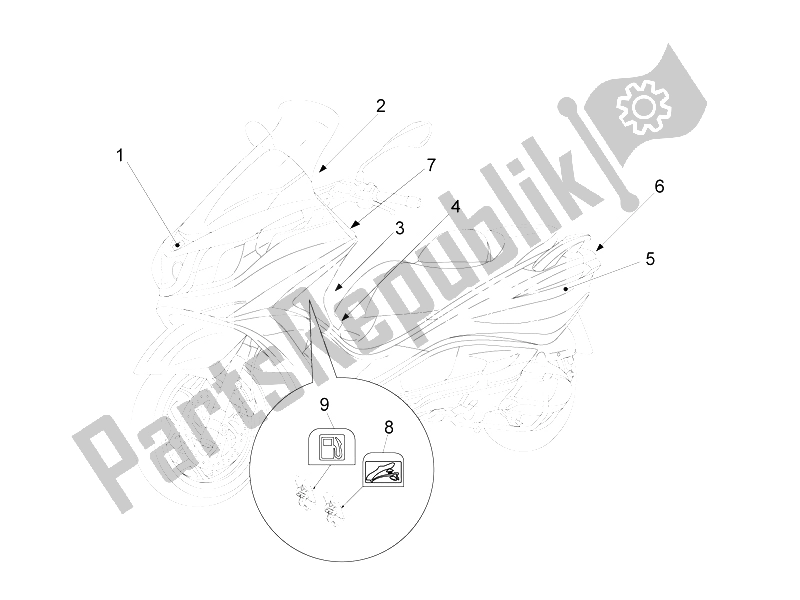 All parts for the Plates - Emblems of the Piaggio X 10 125 4T 4V I E E3 2012