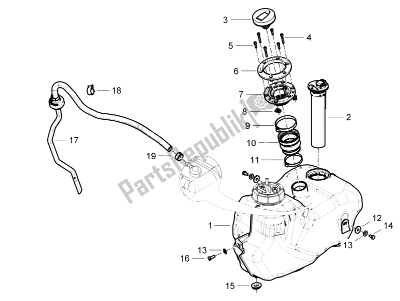 Alle onderdelen voor de Benzinetank van de Piaggio Beverly 125 RST 4T 4V IE E3 2010