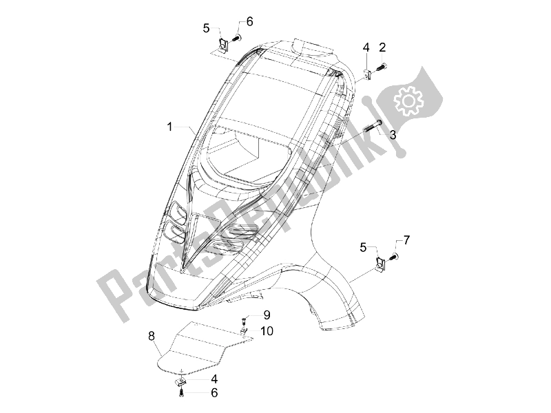 All parts for the Front Shield of the Piaggio Typhoon 50 2T E2 2009