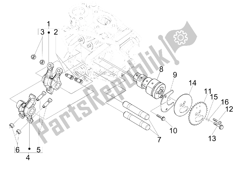 All parts for the Rocking Levers Support Unit of the Piaggio MP3 125 Ibrido 2009
