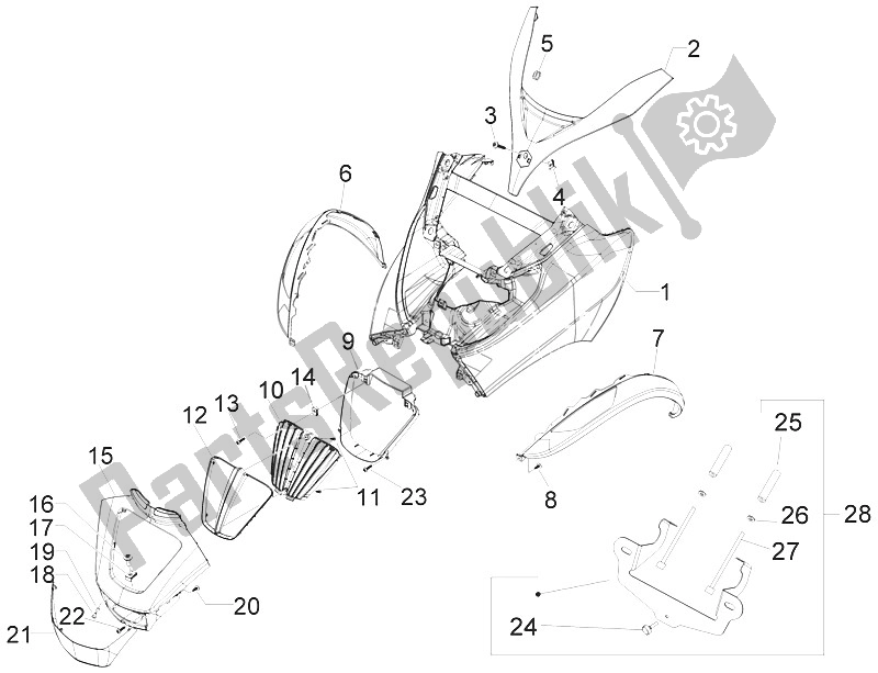 All parts for the Front Shield of the Piaggio MP3 500 LT Sport Business 2011