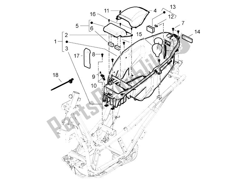 Alle onderdelen voor de Helmhuis - Onder Het Zadel van de Piaggio BV 350 4T 4V IE E3 ABS USA 2015