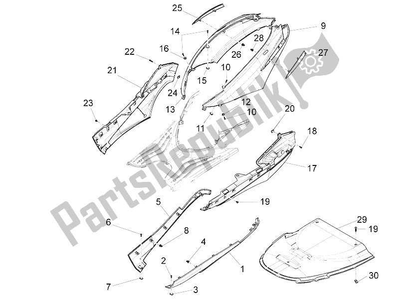 Toutes les pièces pour le Couvercle Latéral - Spoiler du Piaggio FLY 50 4T 2V 25 30 KMH 2016