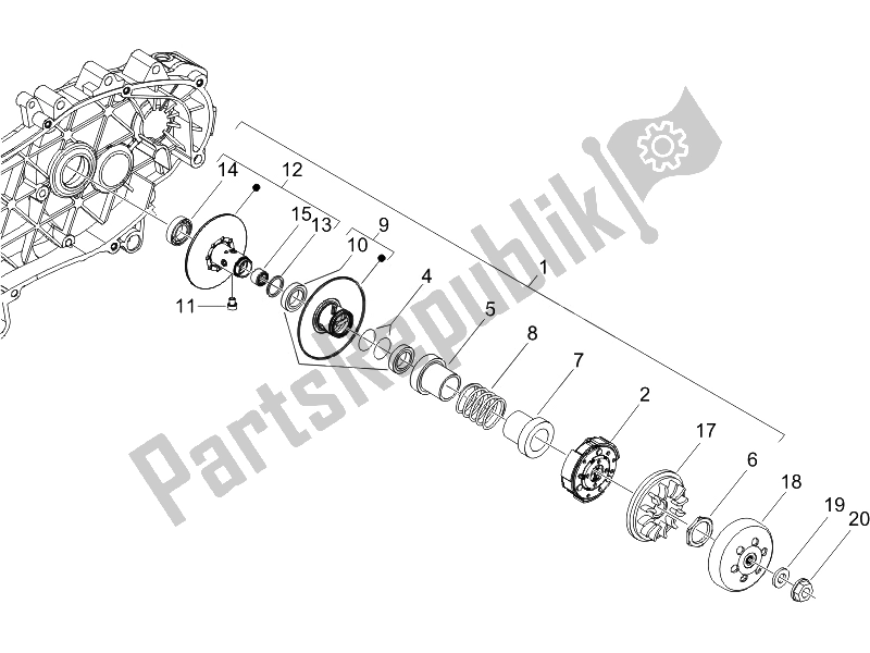 All parts for the Driven Pulley of the Piaggio Beverly 125 E3 2007