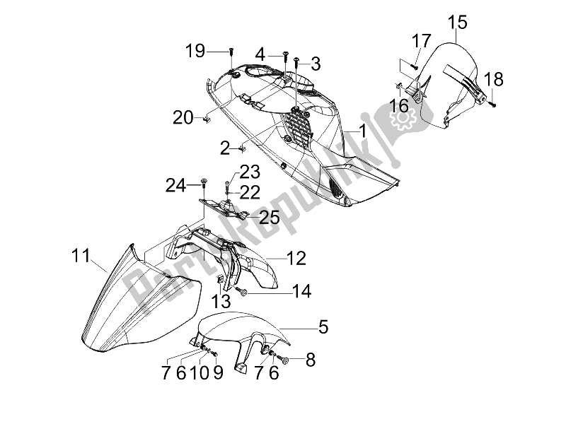 All parts for the Wheel Huosing - Mudguard of the Piaggio X7 250 IE Euro 3 2008