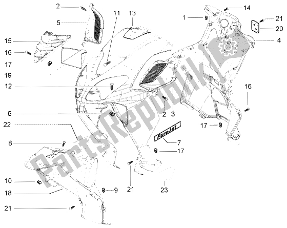 All parts for the Front Shield of the Piaggio NRG Power Purejet 50 2005