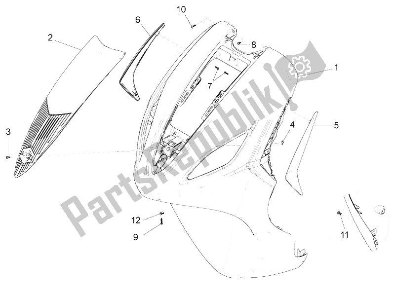 Alle onderdelen voor de Voorste Schild van de Piaggio FLY 150 4T E2 E3 Vietnam 2012