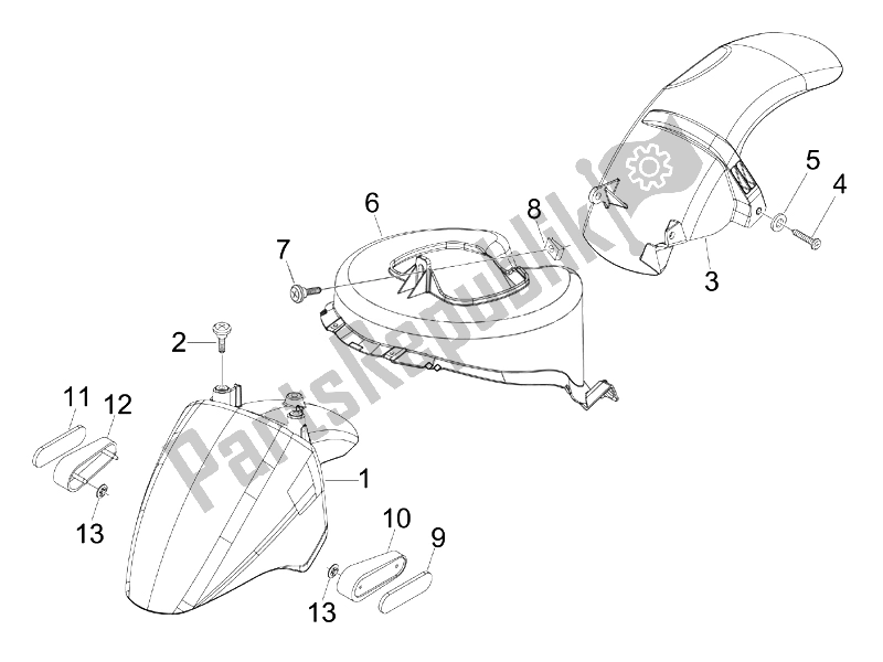 All parts for the Wheel Huosing - Mudguard (2) of the Piaggio FLY 150 4T USA 2007