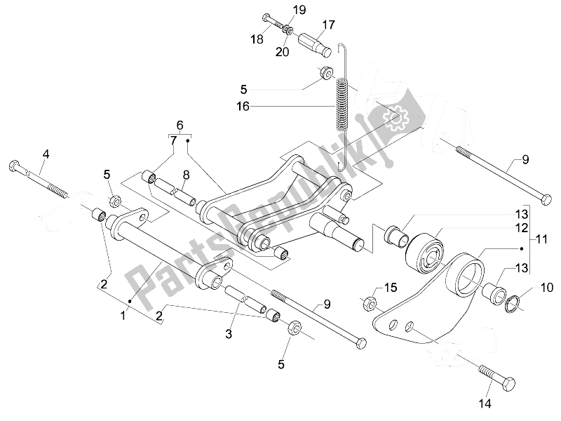 All parts for the Swinging Arm of the Piaggio FLY 150 4T E3 2008