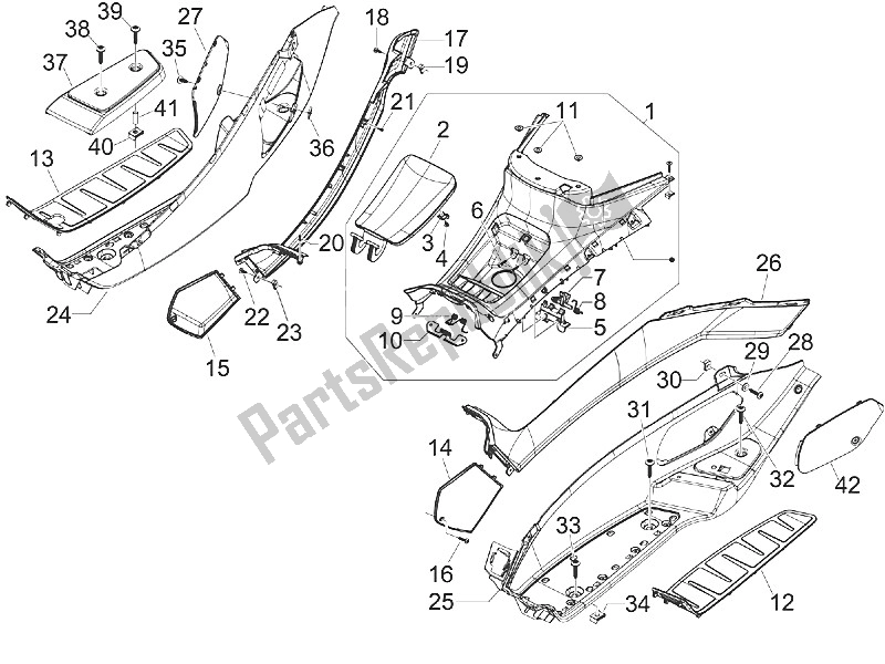 All parts for the Central Cover - Footrests of the Piaggio MP3 300 IE LT Sport 2011