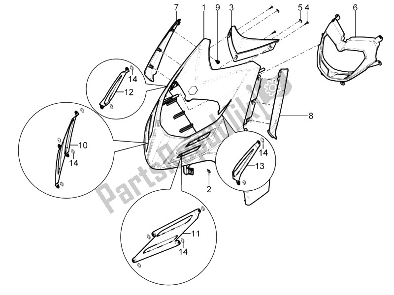 All parts for the Front Shield of the Piaggio Typhoon 50 4T 4V E2 USA 2012