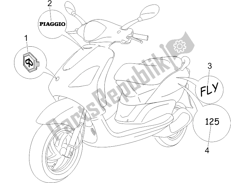 Tutte le parti per il Piatti - Emblemi del Piaggio FLY 125 4T 2006