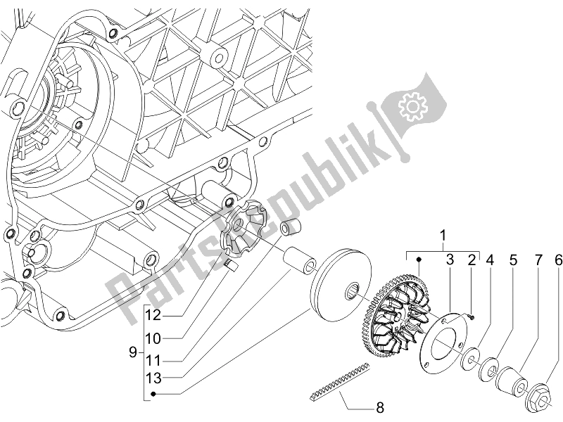 Alle onderdelen voor de Aandrijfpoelie van de Piaggio X8 125 Premium Euro 3 UK 2007