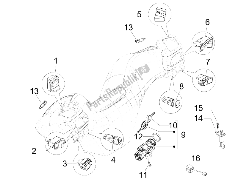 Toutes les pièces pour le Sélecteurs - Interrupteurs - Boutons du Piaggio MP3 250 IE LT 2008