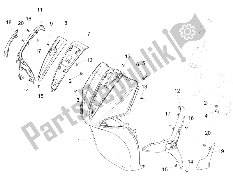 Alle onderdelen voor de Voorste Schild van de Piaggio Liberty 150 Iget 4T 3V IE ABS 2015