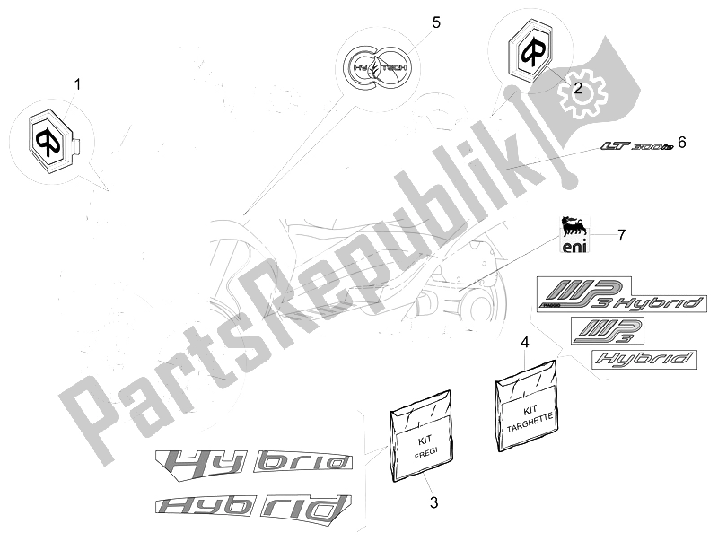 All parts for the Plates - Emblems of the Piaggio MP3 300 4T 4V IE LT Ibrido 2010