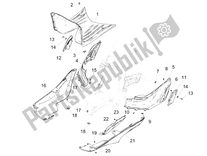 Alle onderdelen voor de Centrale Afdekking - Voetsteunen van de Piaggio Liberty 125 Iget 4T 3V IE ABS EU 2015