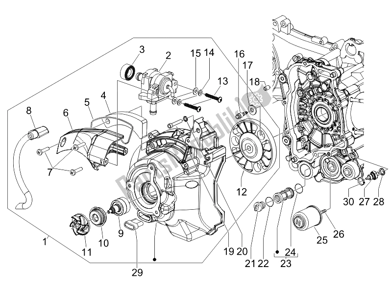 Toutes les pièces pour le Couvercle Magnéto Volant - Filtre à Huile du Piaggio X8 125 Premium Euro 3 2007