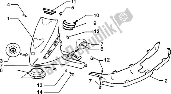 All parts for the Shield-spoiler of the Piaggio ZIP SP H2O 50 1998