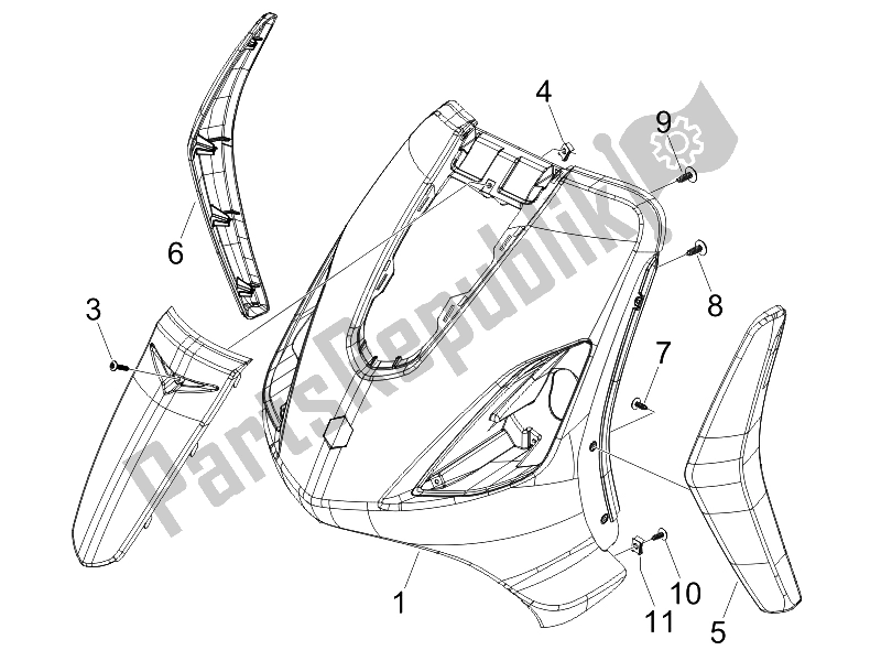 All parts for the Front Shield of the Piaggio FLY 125 4T 2006