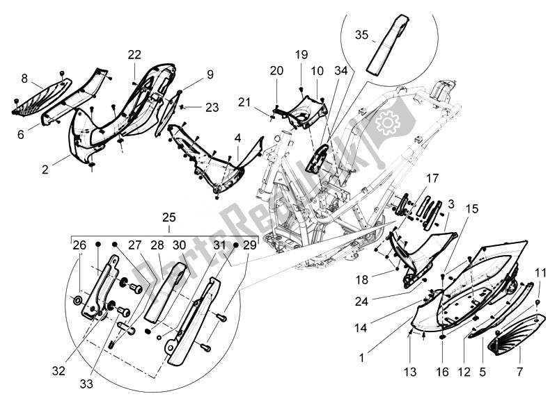 All parts for the Central Cover - Footrests of the Piaggio Beverly 350 4T 4V IE E3 Sport Touring 2014