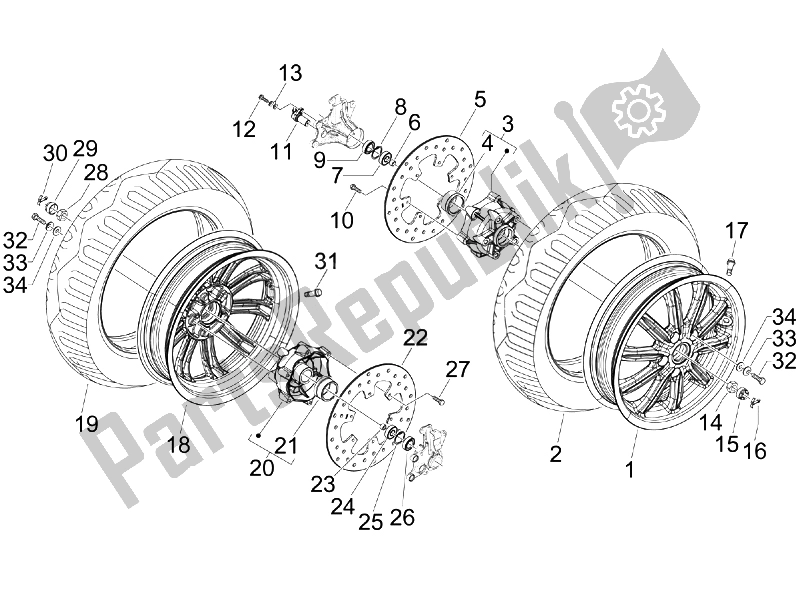 All parts for the Front Wheel of the Piaggio MP3 250 USA 2007