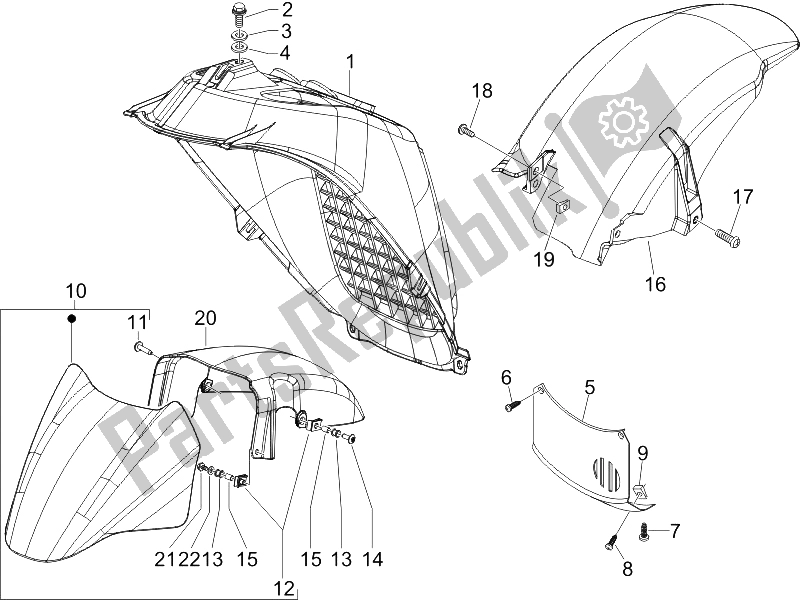 All parts for the Wheel Huosing - Mudguard of the Piaggio X8 250 IE 2005