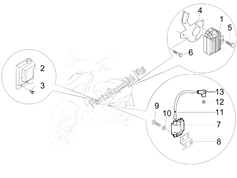 All parts for the Voltage Regulators - Electronic Control Units (ecu) - H. T. Coil of the Piaggio FLY 150 4T USA 2007