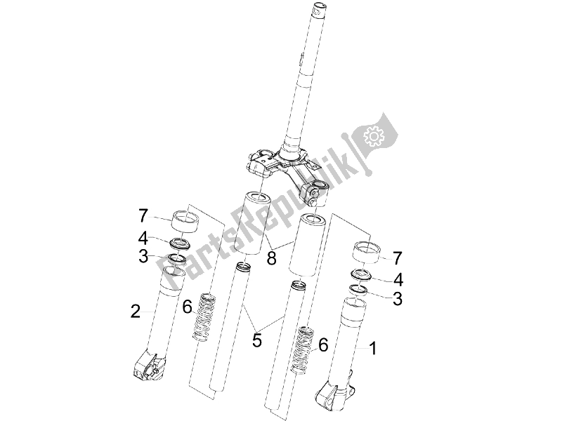 Alle onderdelen voor de Fork's Componenten (escorts) van de Piaggio Liberty 200 4T Sport 2006