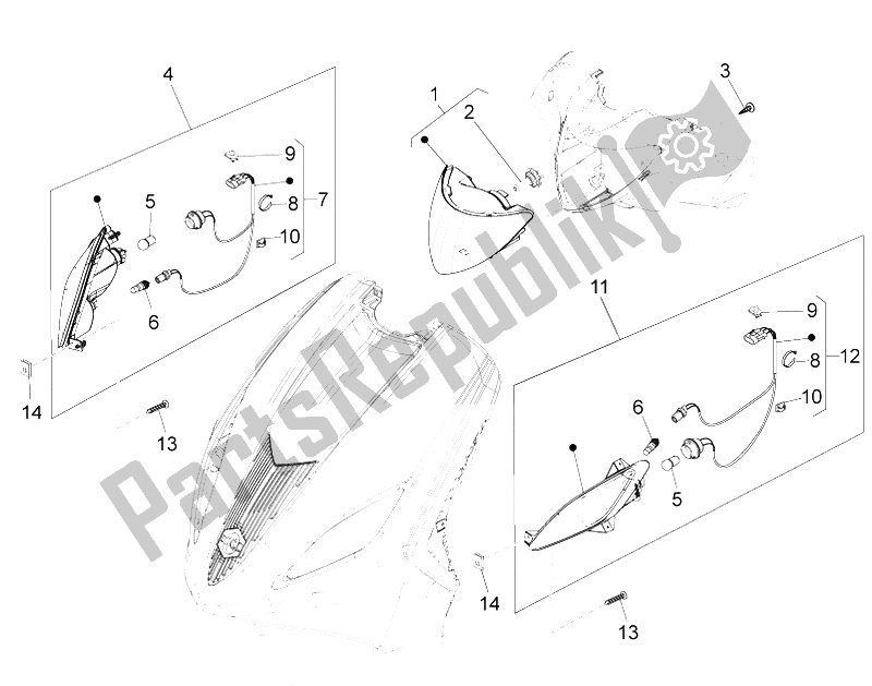 Alle onderdelen voor de Koplampen - Richtingaanwijzers van de Piaggio FLY 150 4T E2 E3 Vietnam 2012