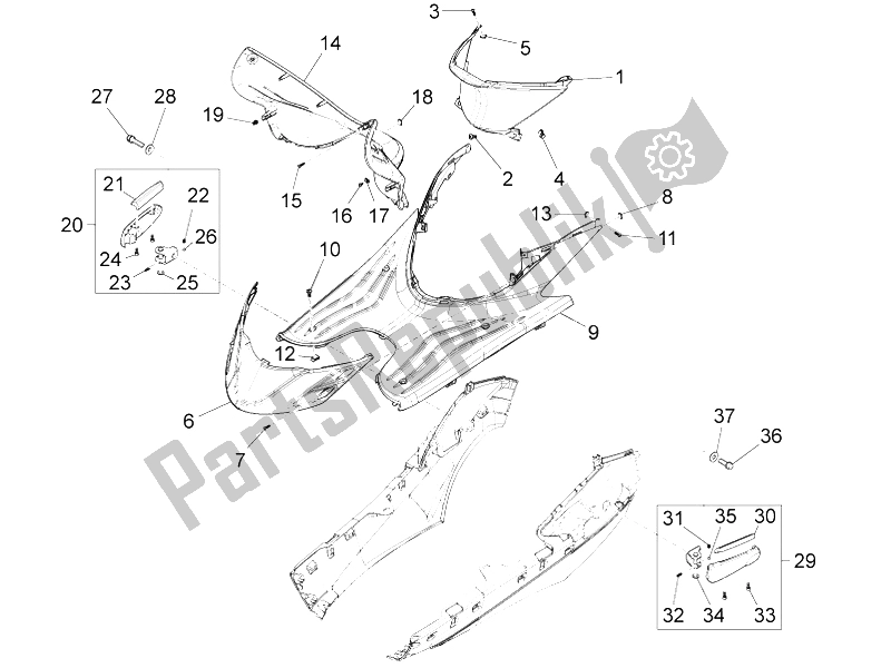 Todas las partes para Cubierta Central - Reposapiés de Piaggio FLY 150 4T 3V IE Australia 2015